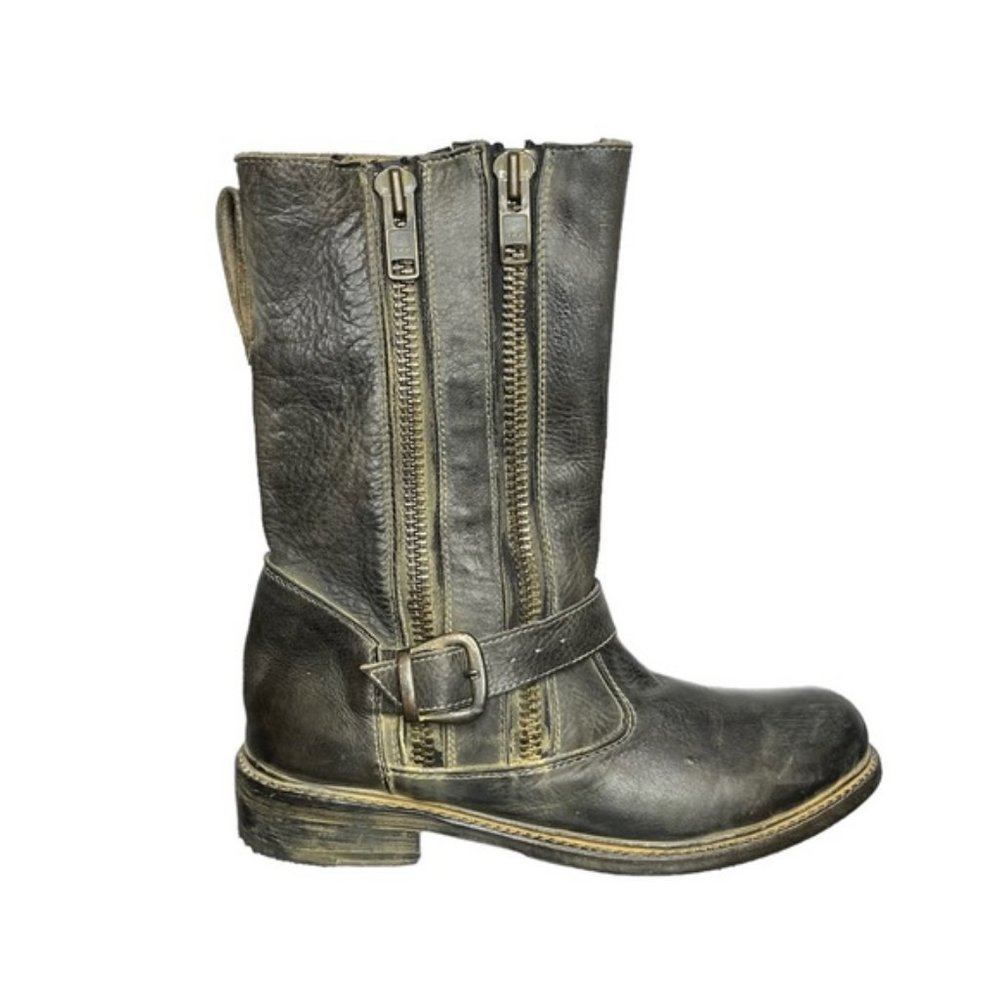 Bed Stu Women's 8.5 Hustle Leather Zip Buckle Motorcycle Boot Black Distressed